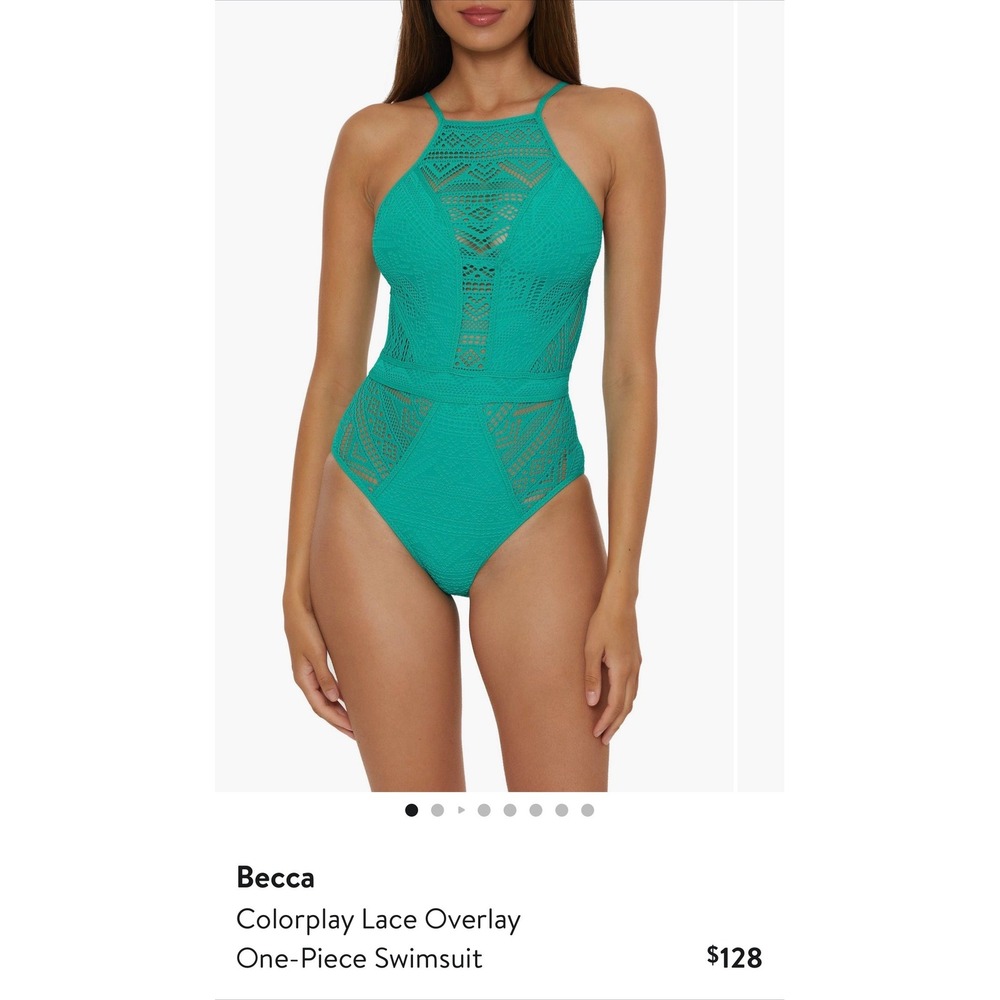 Becca Colorplay Lace Overlay One-Piece Swimsuit Teal Green High Neck New